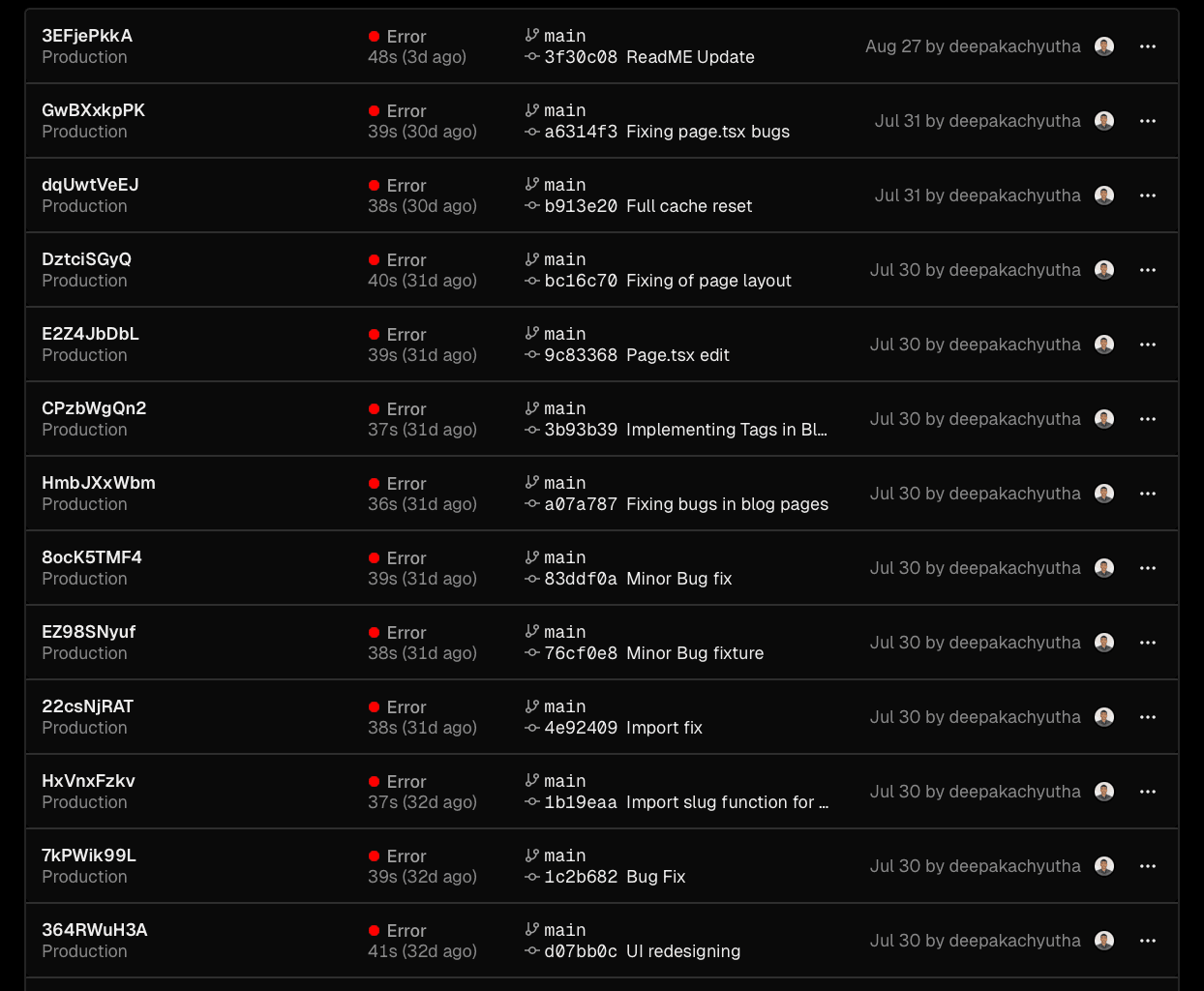 A screenshot of a Vercel deployment page showing a long list of failed builds with red error indicators.